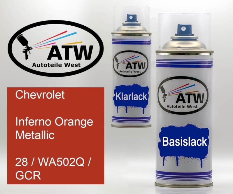 Chevrolet, Inferno Orange Metallic, 28 / WA502Q / GCR: 400ml Sprühdose + 400ml Klarlack - Set, von ATW Autoteile West.